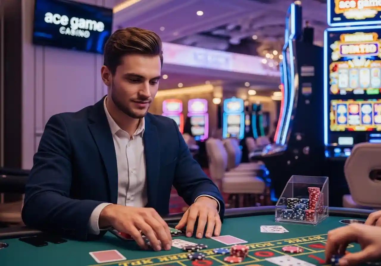 Player enjoying games at Ace Game Casino, engaging with slots and table games in a vibrant casino environment