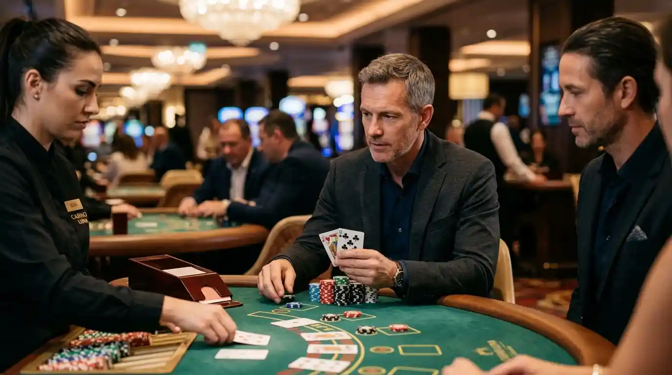 Player concentrating at a casino table while playing strategic card games at card time casino