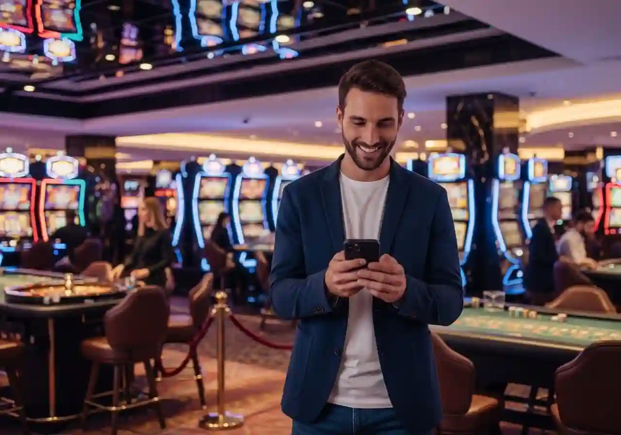 Person inside a modern casino enjoying games using casino free credit 100 bonus on slot machines.