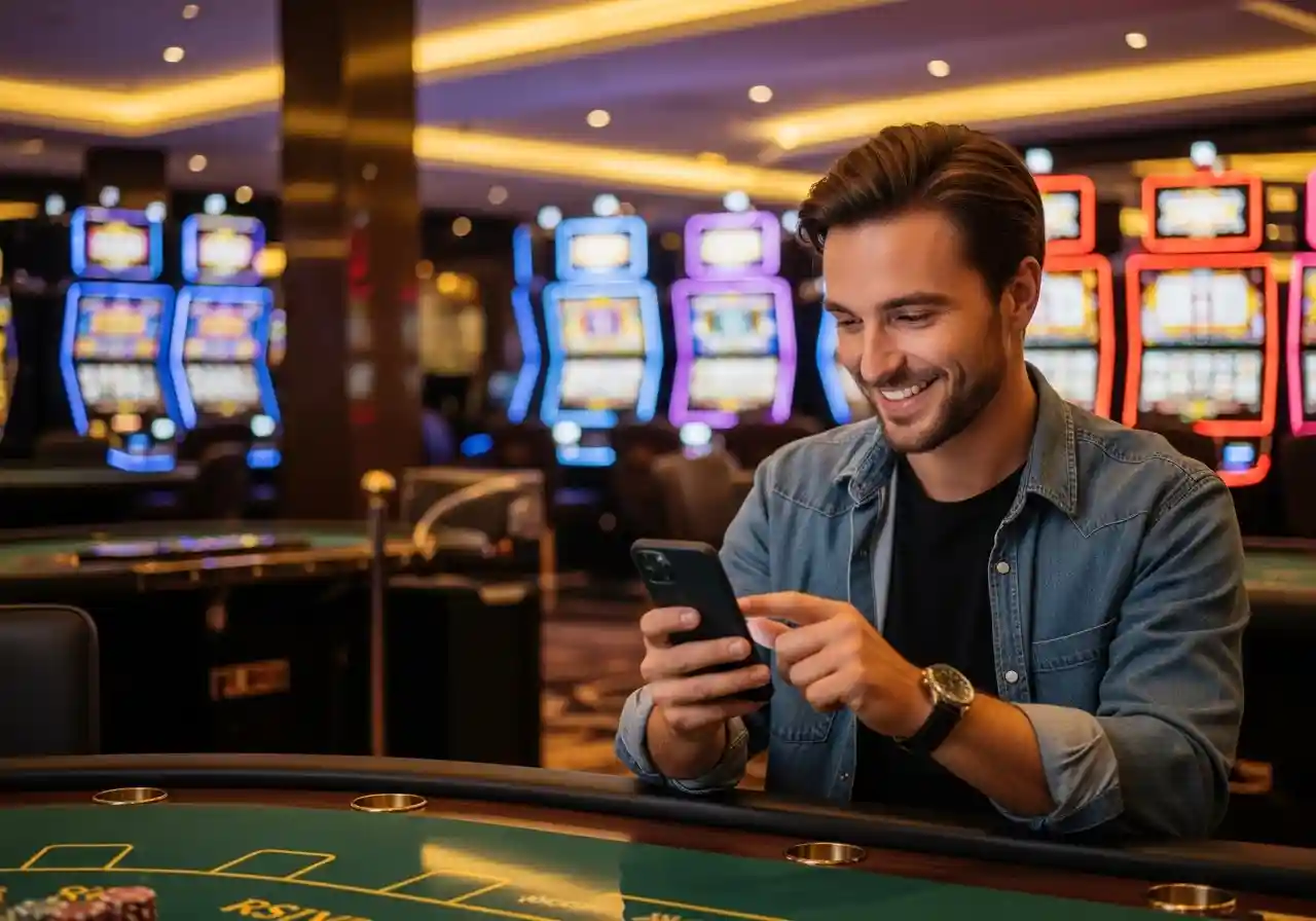 Person using smartphone inside a casino after completing cc6 online casino login to access games and promotions
