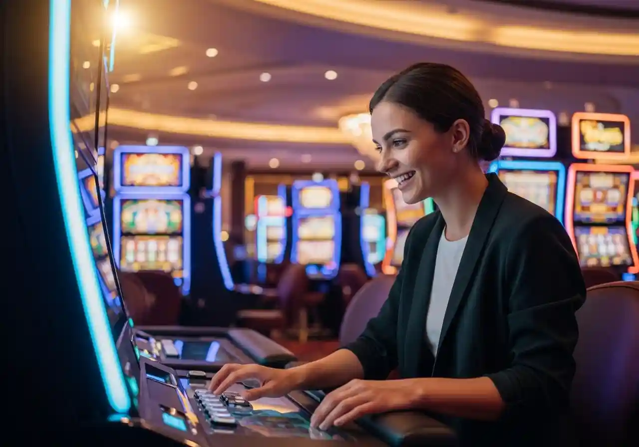 Person playing online casino games using free credit no deposit in a modern casino setting.
