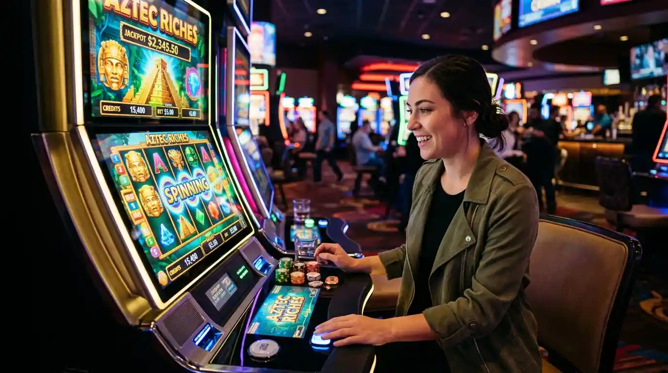 Player enjoying gamebet slot in a modern casino with colorful reels and immersive lighting