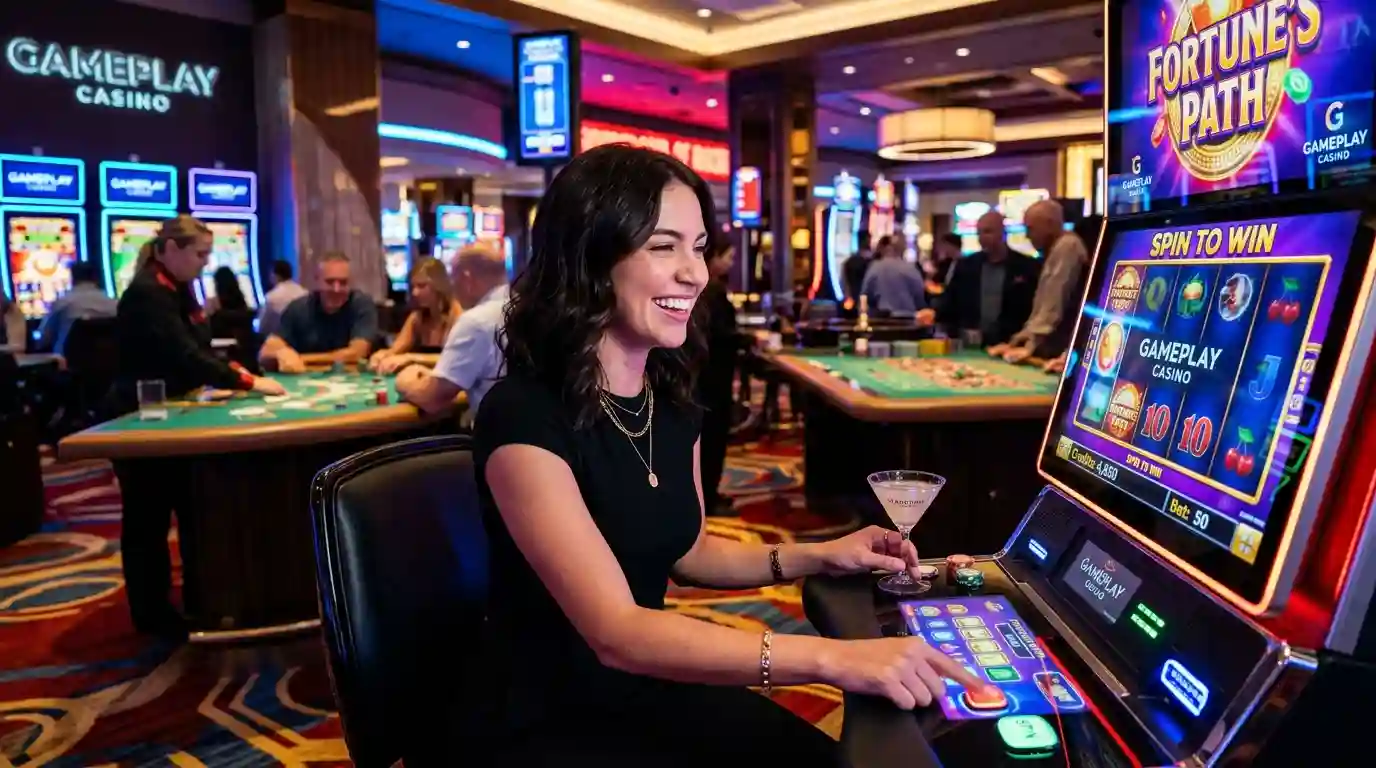 Player enjoying a slot machine at a vibrant gameplay casino, immersed in live table games and digital entertainment.
