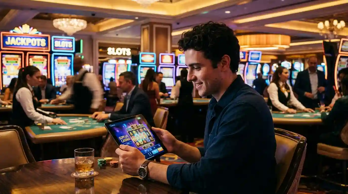 A player enjoying the thrill of online games at Goplus Casino, exploring slots and table games on a mobile device.